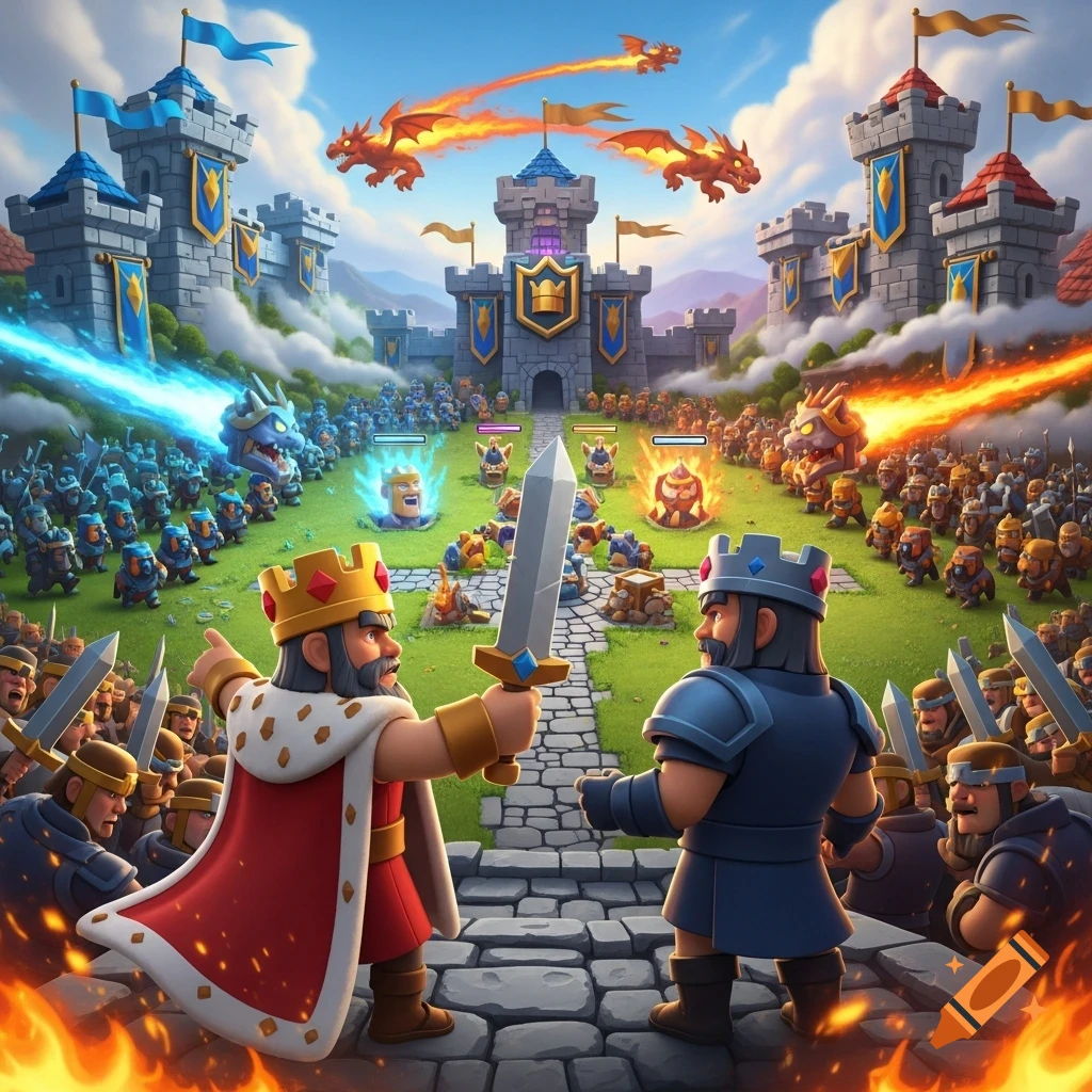 Cartoonish fantasy battle with two kings leading their armies on a green field between castles, dragons flying overhead.