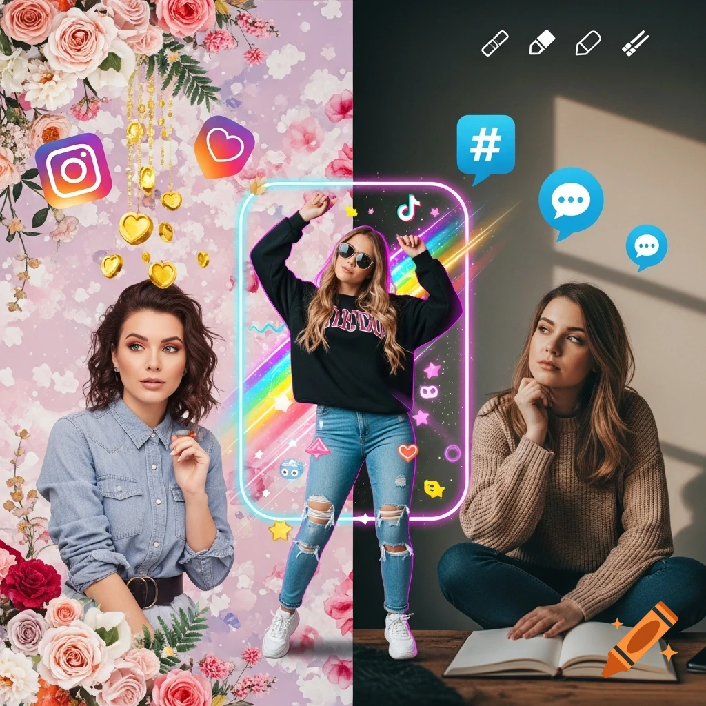 Digital collage of three women depicting social media personas, surrounded by flowers and social media icons.