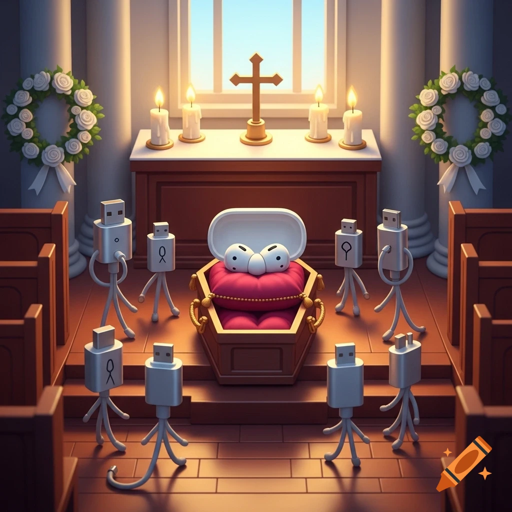 Anthropomorphic USB connectors attend a funeral for an AirPod in a coffin, set in a church with candles and wreaths.