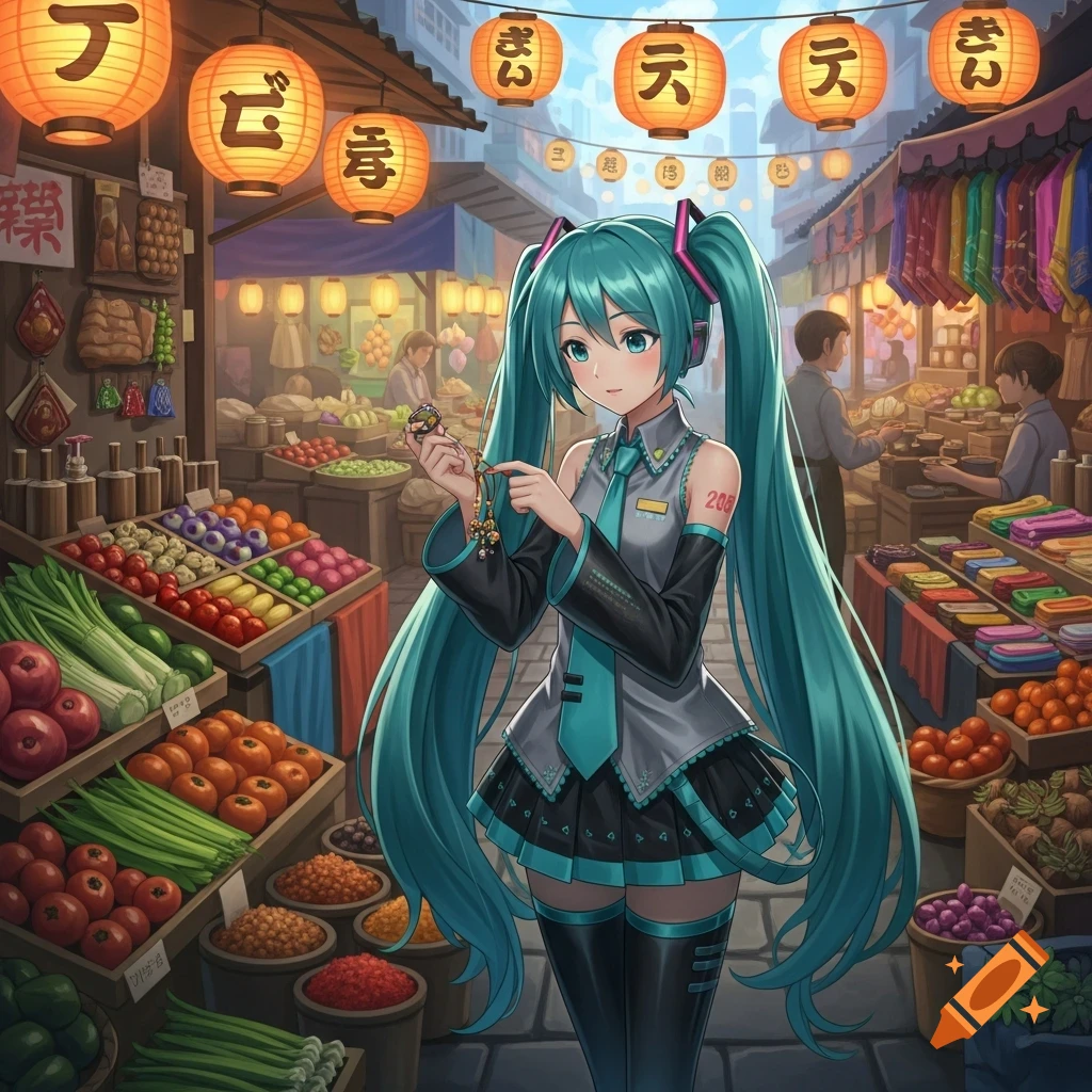 Anime-style Hatsune Miku browsing a vibrant street market filled with produce and hanging lanterns.