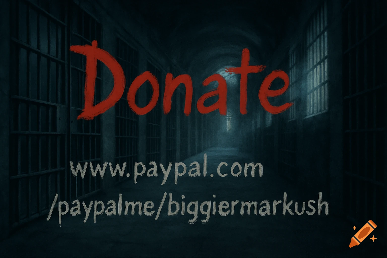 Dark, eerie prison hallway with cell bars, featuring the words 'Donate' and a PayPal link.