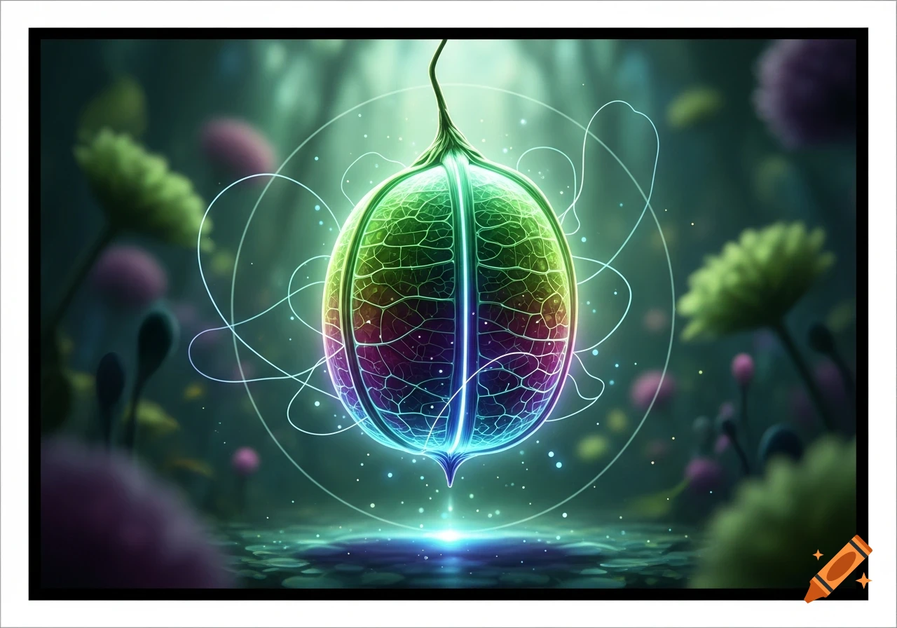 A vibrant, glowing, multi-colored seed pod with vein-like patterns floats amidst magical light particles in an ethereal forest.