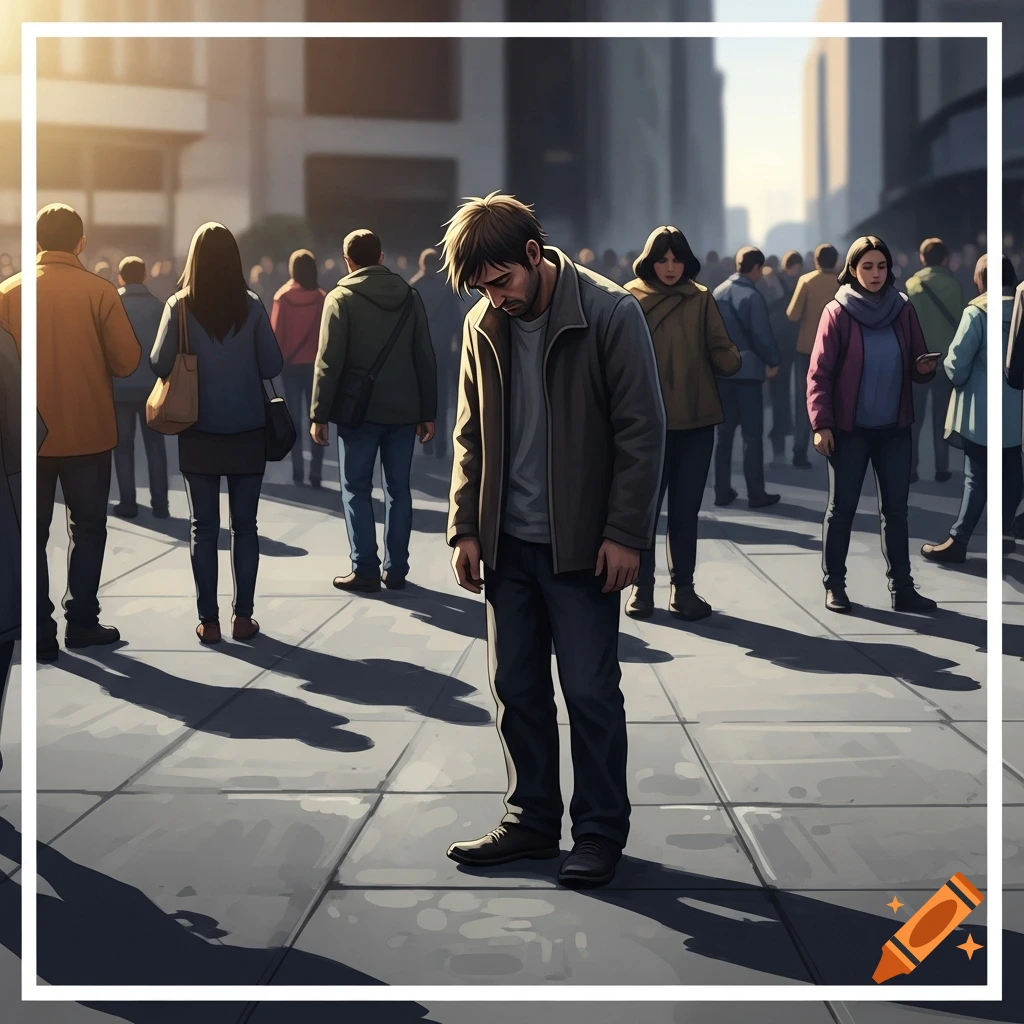 A sad man with his head down stands alone in a busy city crowd, ignoring the surrounding people, in a painterly style.