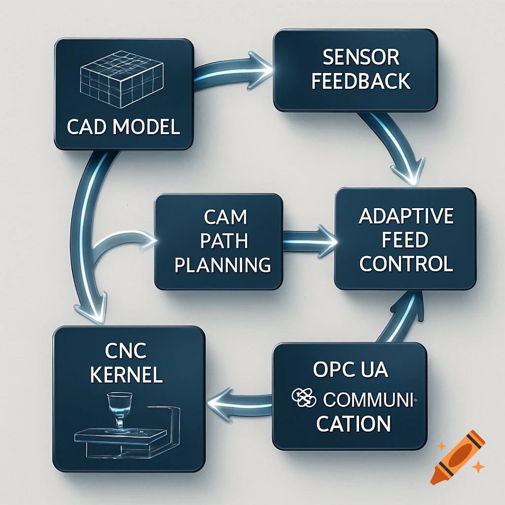 A technical diagram illustrating a closed-loop control system, featuring interconnected modules for CAD Model, Sensor Feedback, Adaptive Feed Control, OPC UA Communication, CNC Kernel, and CAM Path Planning.