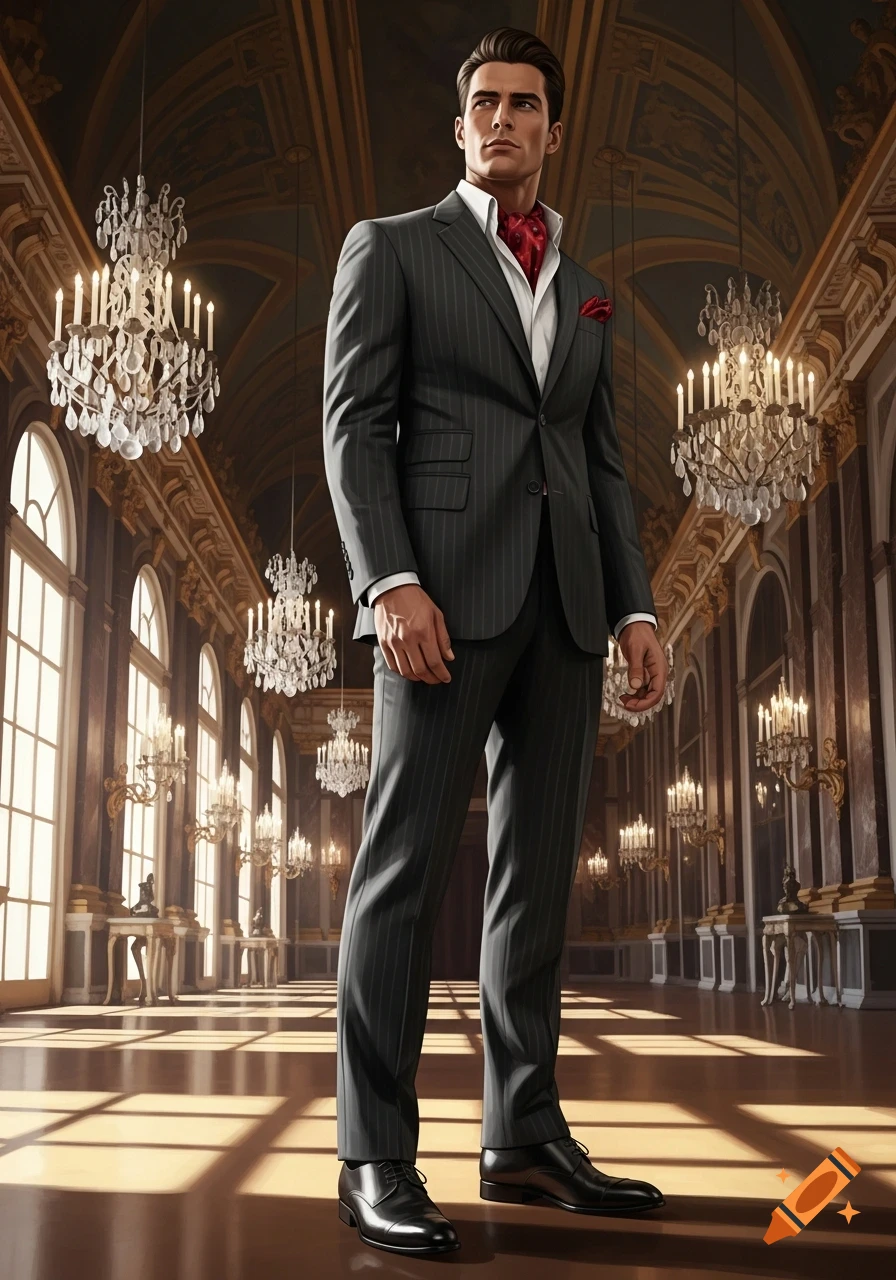 Photorealistic portrait of an elegant man in a pinstripe suit and red cravat, standing in a grand, chandelier-filled hall.