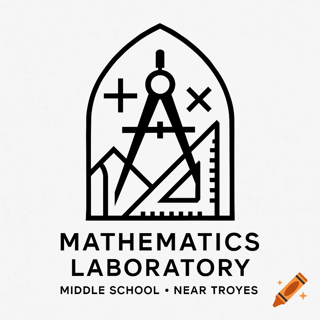 Black and white logo for 'Mathematics Laboratory Middle School Near Troyes' with geometric tools like a compass and ruler in an arched frame.