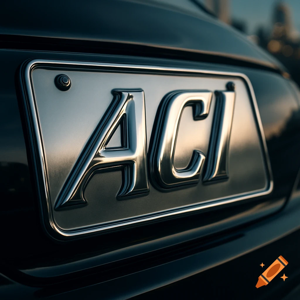 Close-up of a shiny chrome license plate with the embossed letters "ACI" on the back of a dark car.
