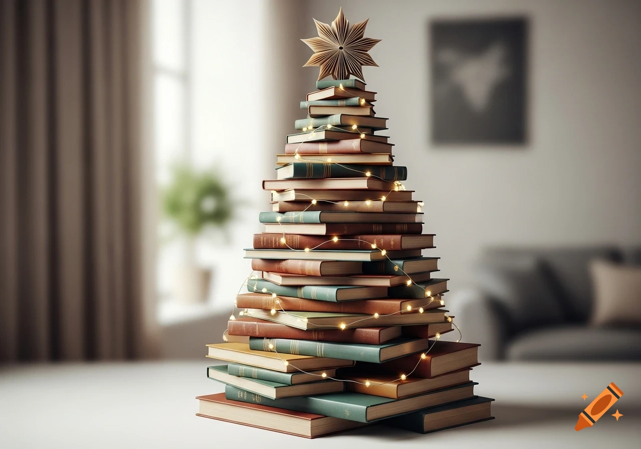 A stack of old books arranged like a Christmas tree, adorned with fairy lights and topped with a paper star, in a cozy room.