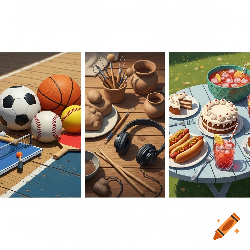 Three-panel image featuring sports equipment, pottery tools with headphones and drumsticks, and a picnic table with hot dogs, cakes, and punch.
