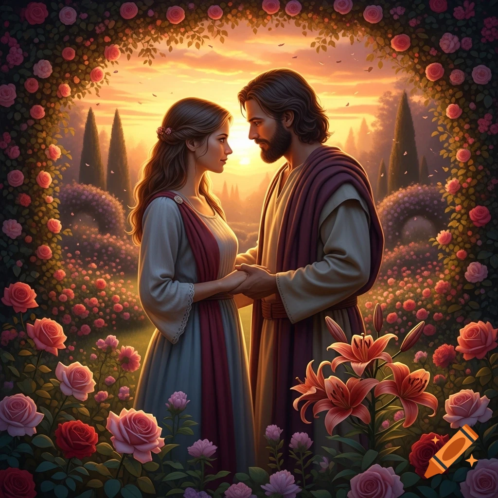 A man and woman, Hosea and Gomer, hold hands and gaze into each other's eyes in a vibrant rose garden at sunset, in a realistic style.