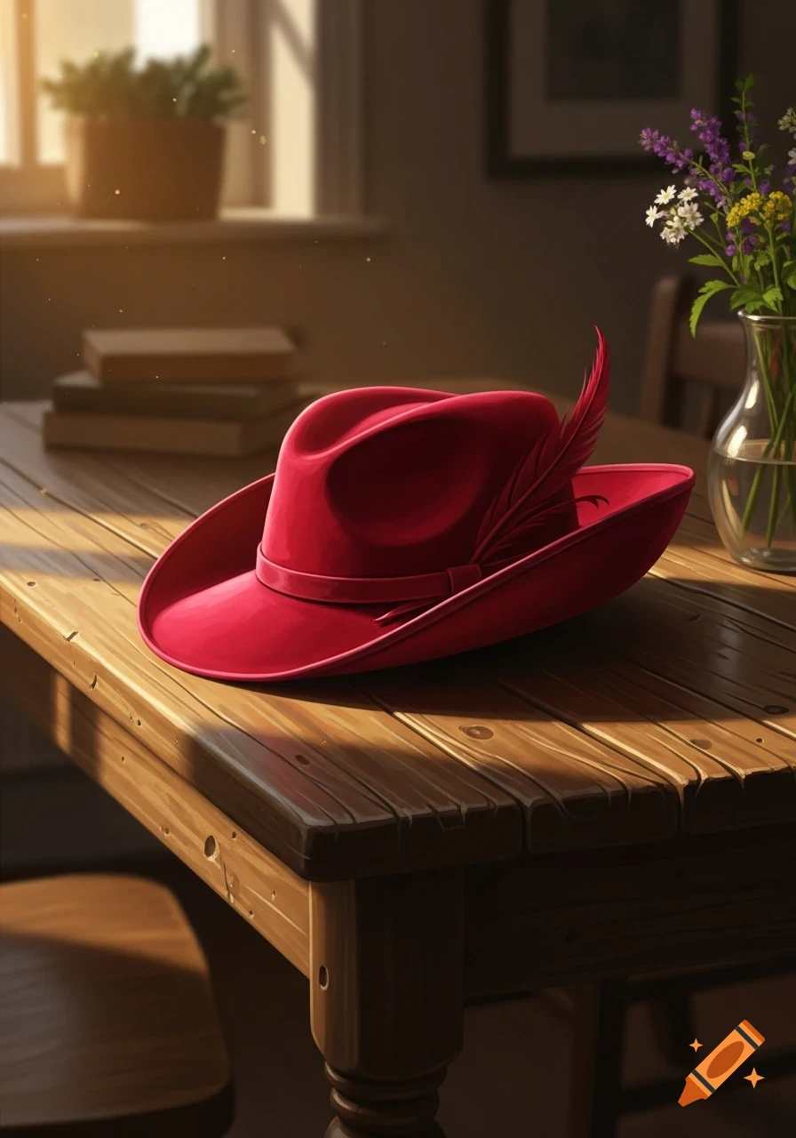 A red hat with a feather rests on a sunlit wooden table next to a vase of wildflowers, with books in the background.