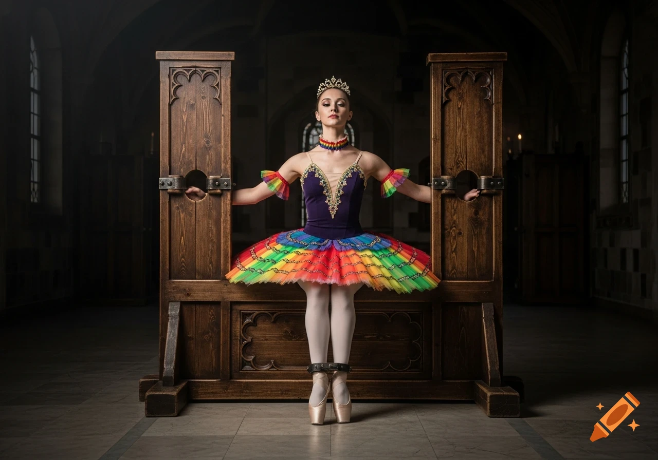 Ballerina in rainbow tutu and crown, with hands in medieval stocks and feet shackled, in a dark ornate hall.