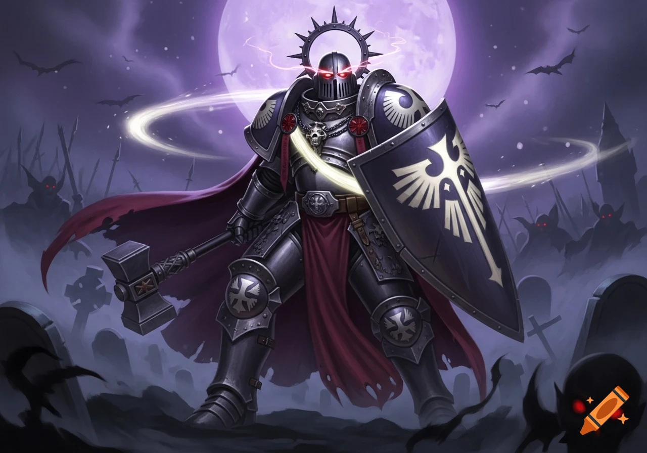 A heavily armored warrior, a cleric inspired by Warhammer, wields a large hammer and shield, standing amidst gravestones under a purple moon. Bat-like creatures fly in the sky, and glowing red-eyed ghouls emerge from the mist.