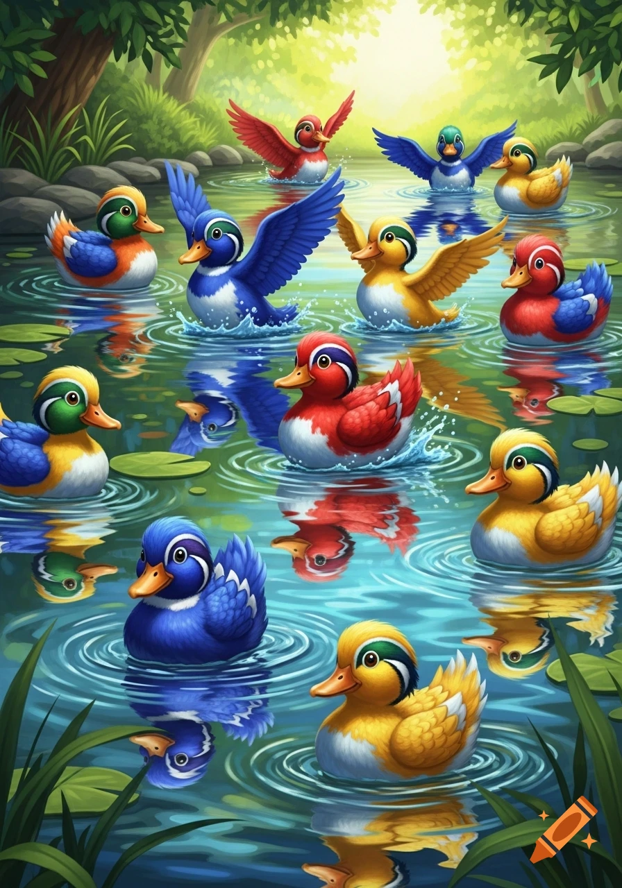 Many brightly colored cartoon ducks swim in a sunlit pond with green foliage.