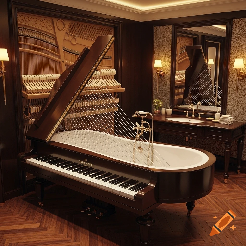 A luxurious, photorealistic bathroom featuring a bathtub built into a grand piano, set in a room with rich wood details.