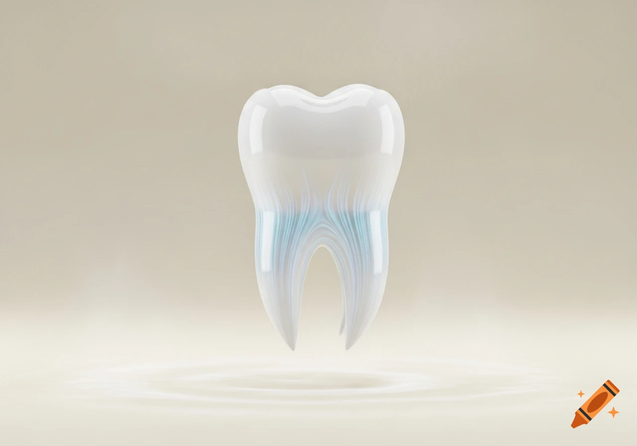 A stylized, shiny white tooth with light blue striations on its roots, floating above a subtly rippled light surface.