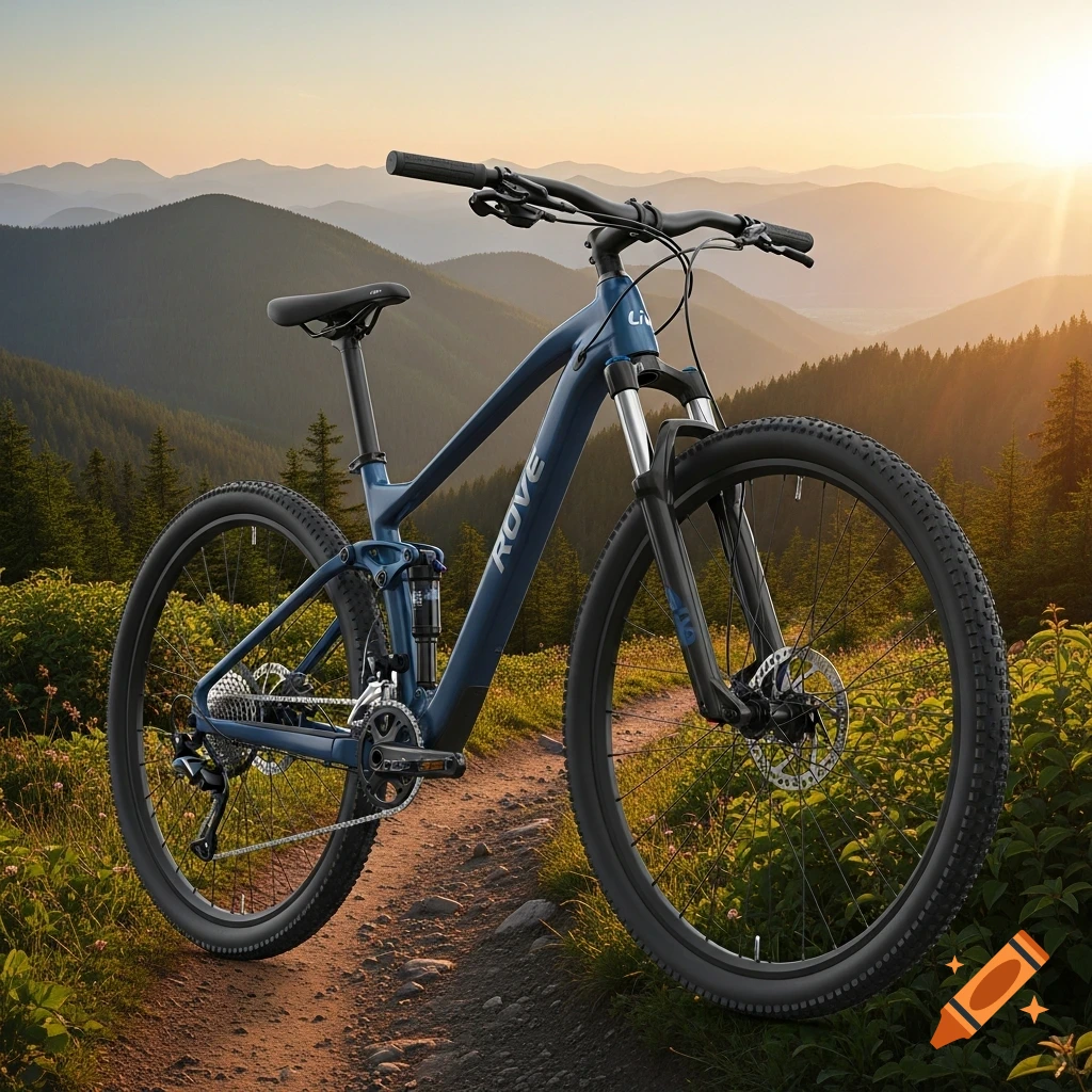 Blue Liv Rove mountain bike on a dirt trail with mountains and a sunrise in the background, photorealistic style.