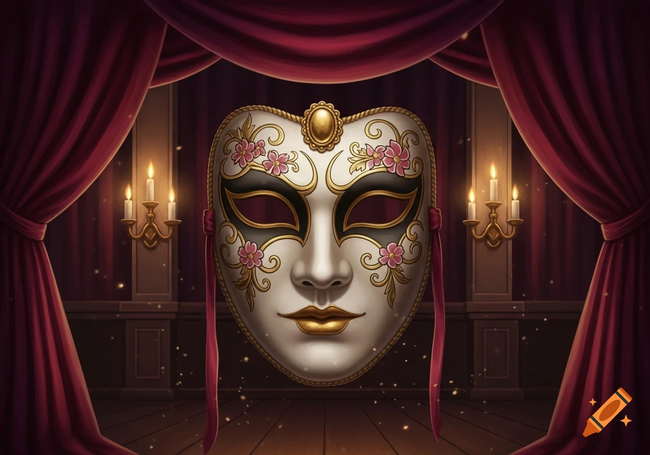 An ornate white and gold theater mask with pink flowers and red ribbons on a dimly lit stage with red curtains and candles.