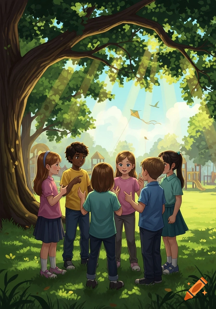 Six diverse children gathered in a circle under a large tree in a sunny park with a playground and kites in the sky, illustration.