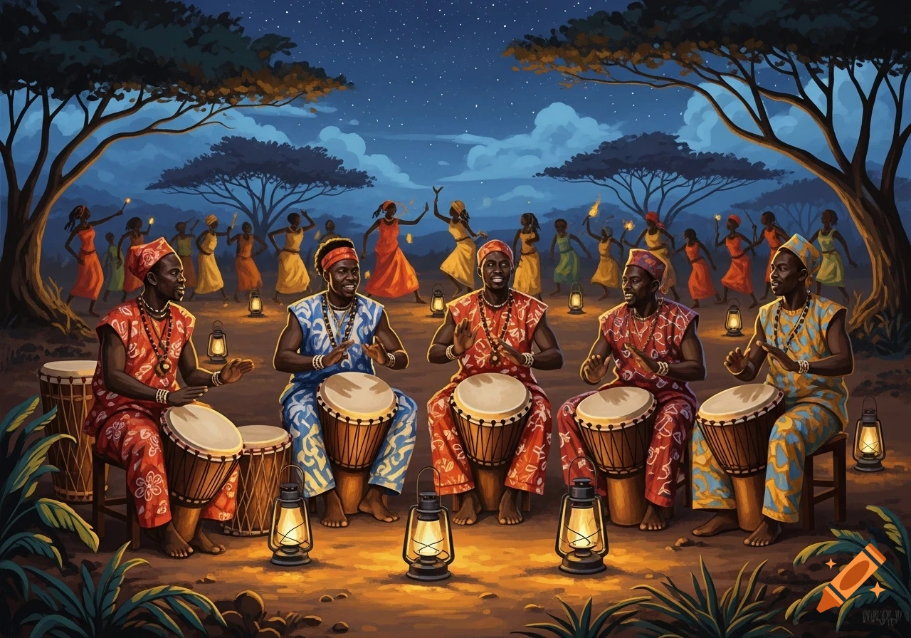 Five men in colorful attire play djembe drums at night, illuminated by lanterns, with dancers under trees in the background, stylized African scene.