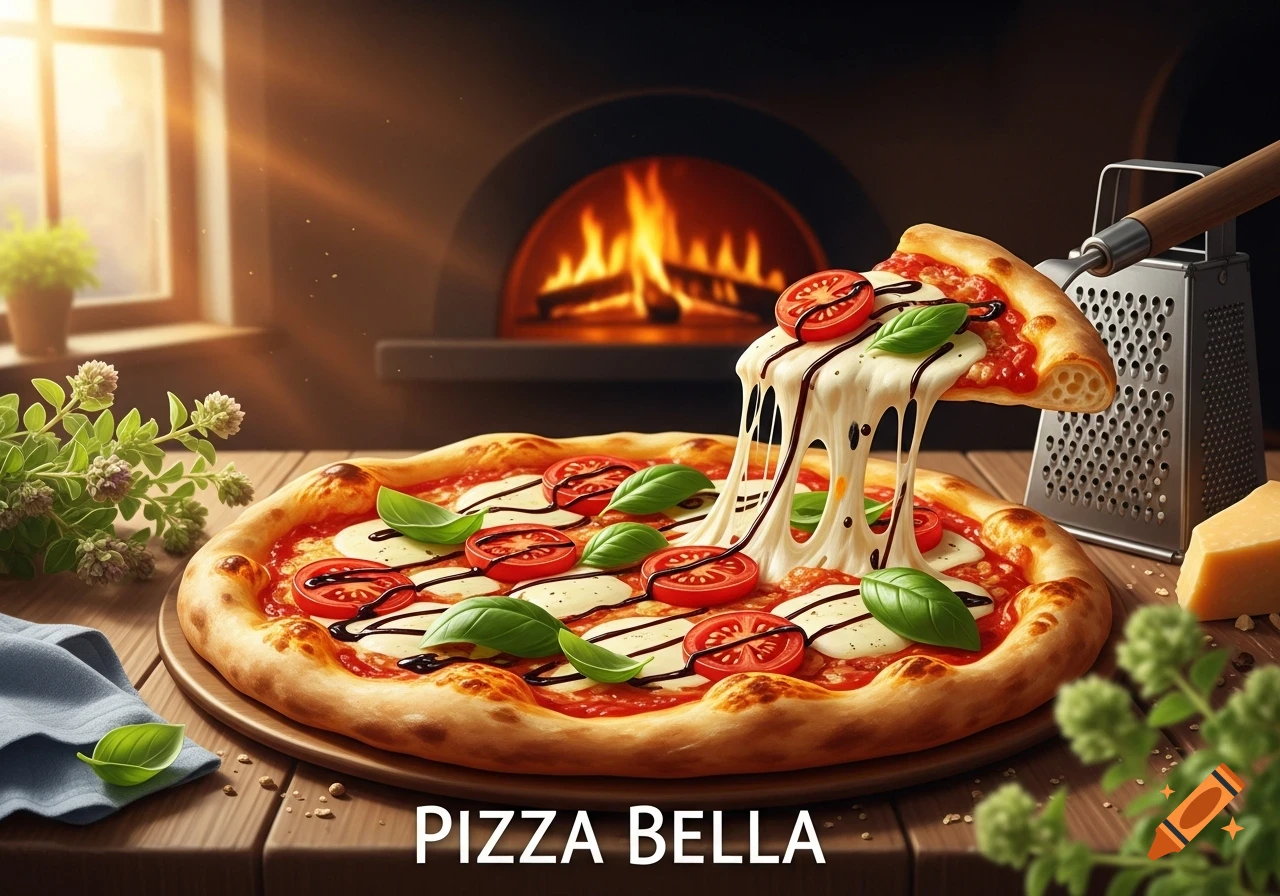 A delicious-looking pizza with mozzarella, tomatoes, basil, and a cheese pull, in front of a wood-fired oven.