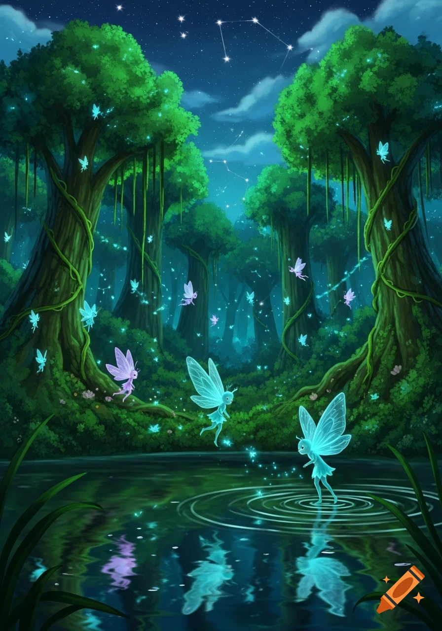 Glowing fairies illuminate a magical forest with a pond and starry sky at night, in a vibrant fantasy art style.