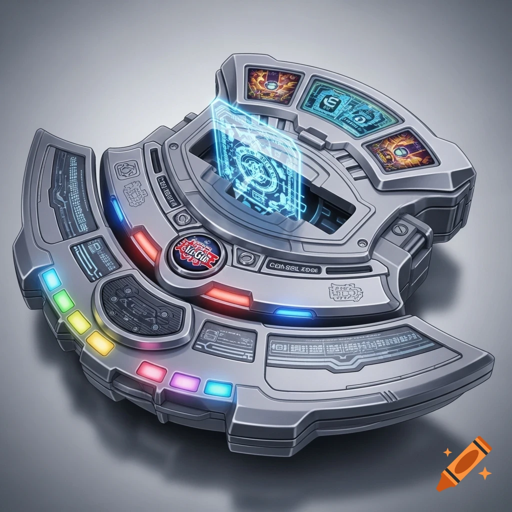 A semi-realistic 2D depiction of a futuristic grey and black Yu-Gi-Oh duel disc, facing upwards with a holographic screen and colorful glowing lights.