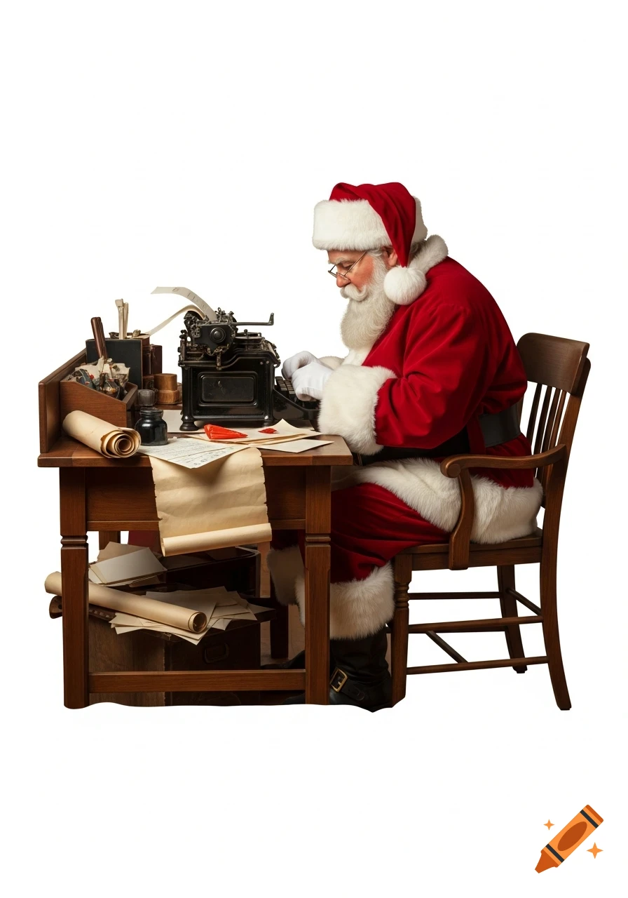 Santa Claus in a red suit sits at a wooden desk, typing on an old black typewriter, surrounded by paper scrolls on a white background.