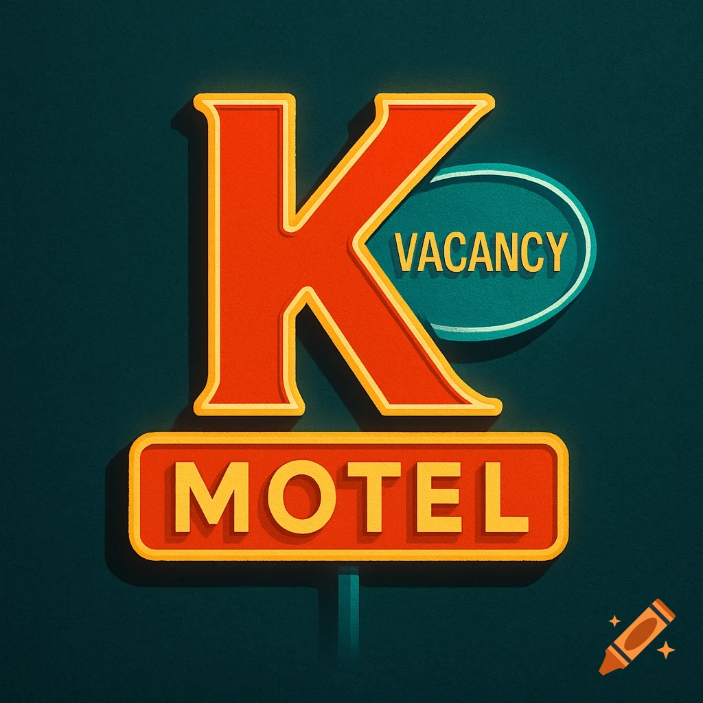 A retro-style motel sign featuring a large red K, a red bar with 'MOTEL', and a teal oval with 'VACANCY' against a dark background.