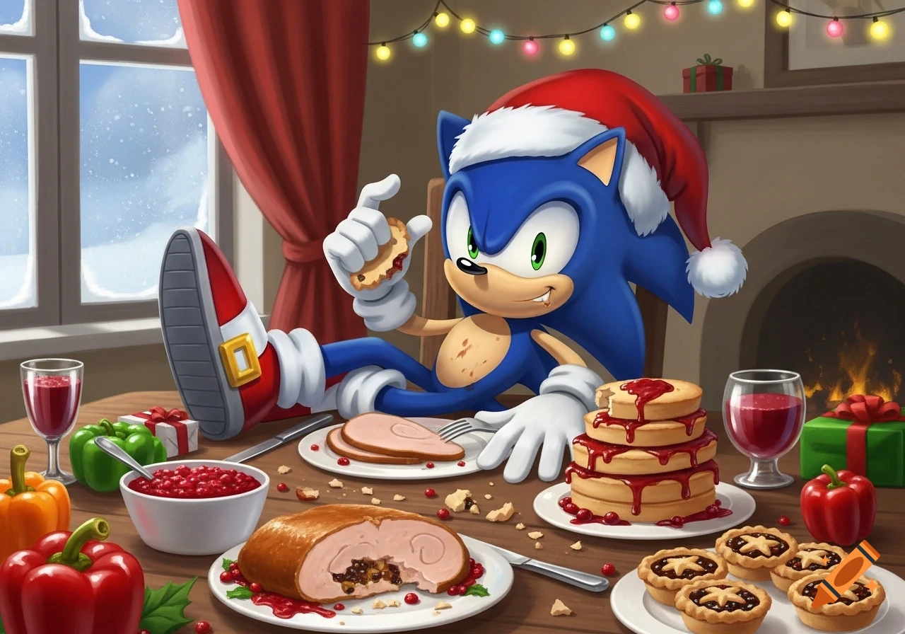 Sonic the Hedgehog in a Santa hat eats a Christmas meal, feet on the table, surrounded by festive decorations in a cartoon style.