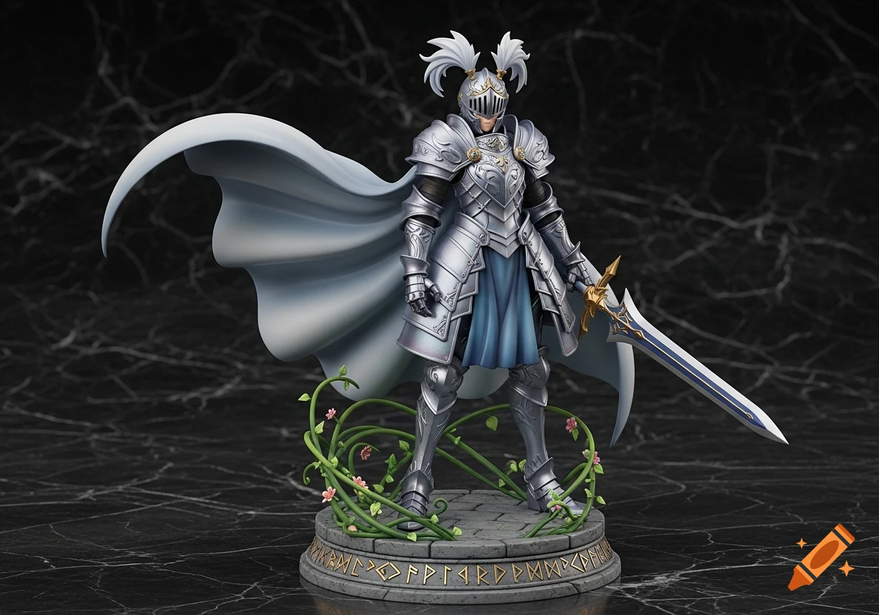 Anime-style knight figurine in silver armor with a white cape and sword, standing on a runic base with vines.