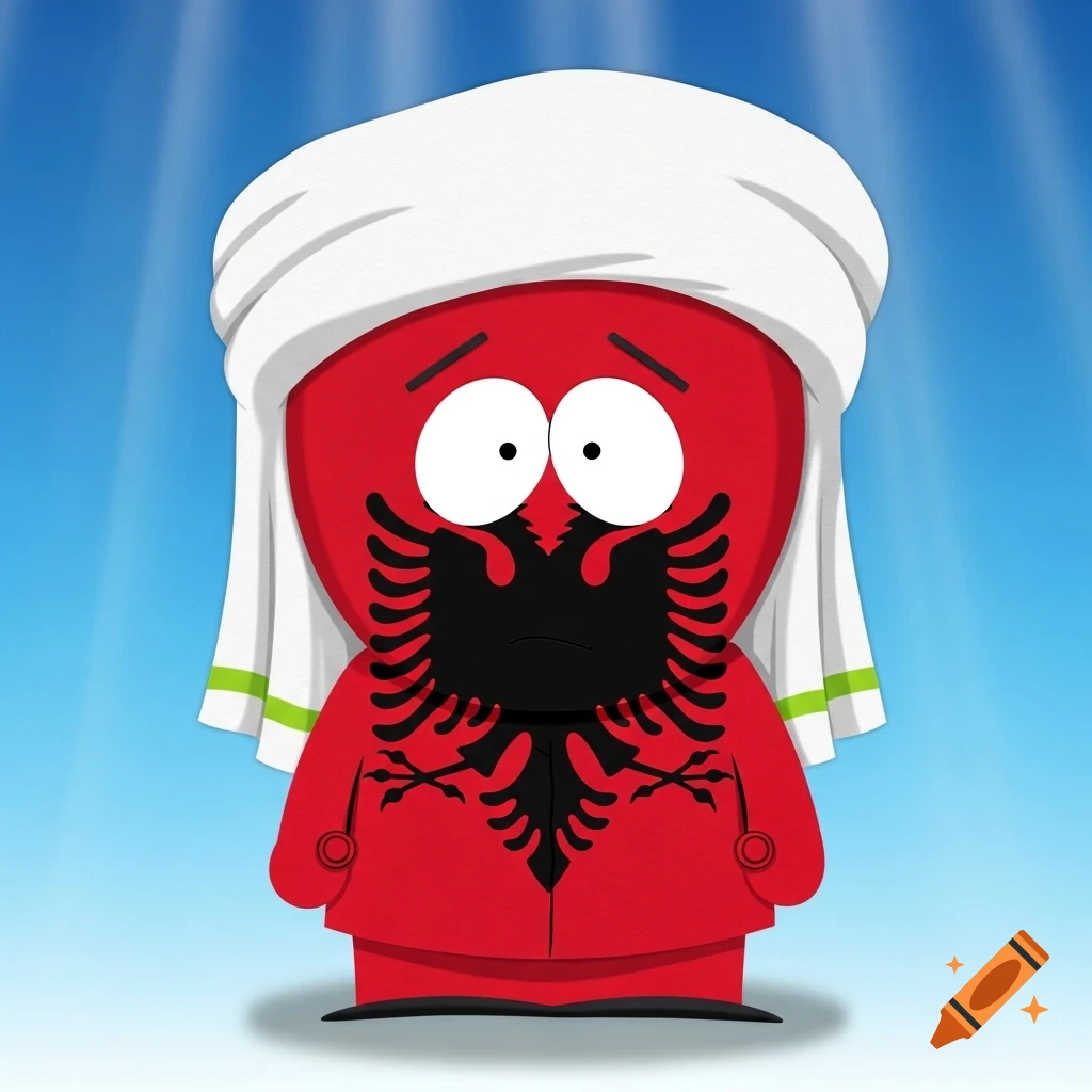 A red South Park-style character with a black double-headed eagle on its chest, wearing a white head covering, against a blue sky.