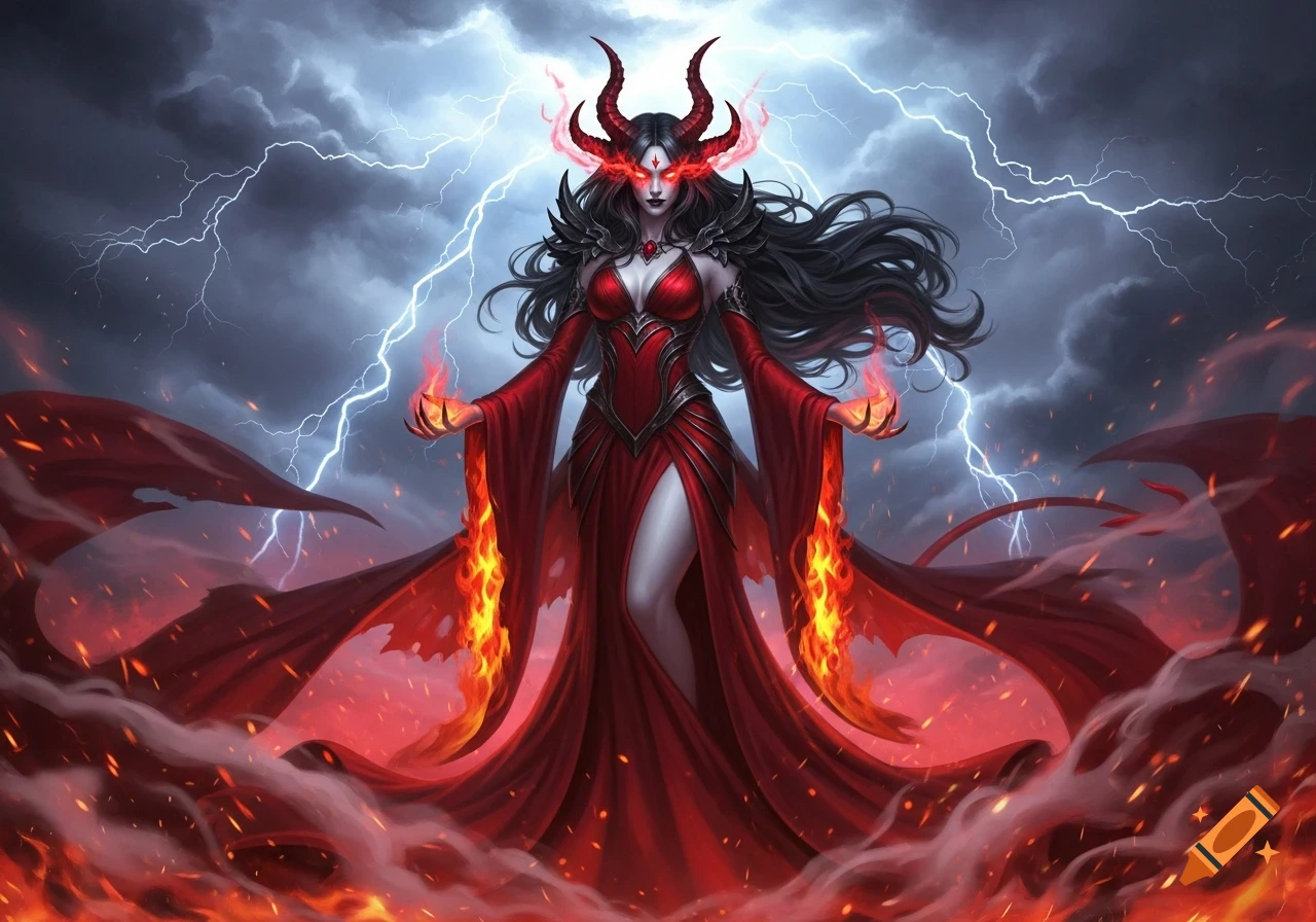 A demon princess with horns and glowing red eyes stands amidst fire and lightning, holding flames in her hands.