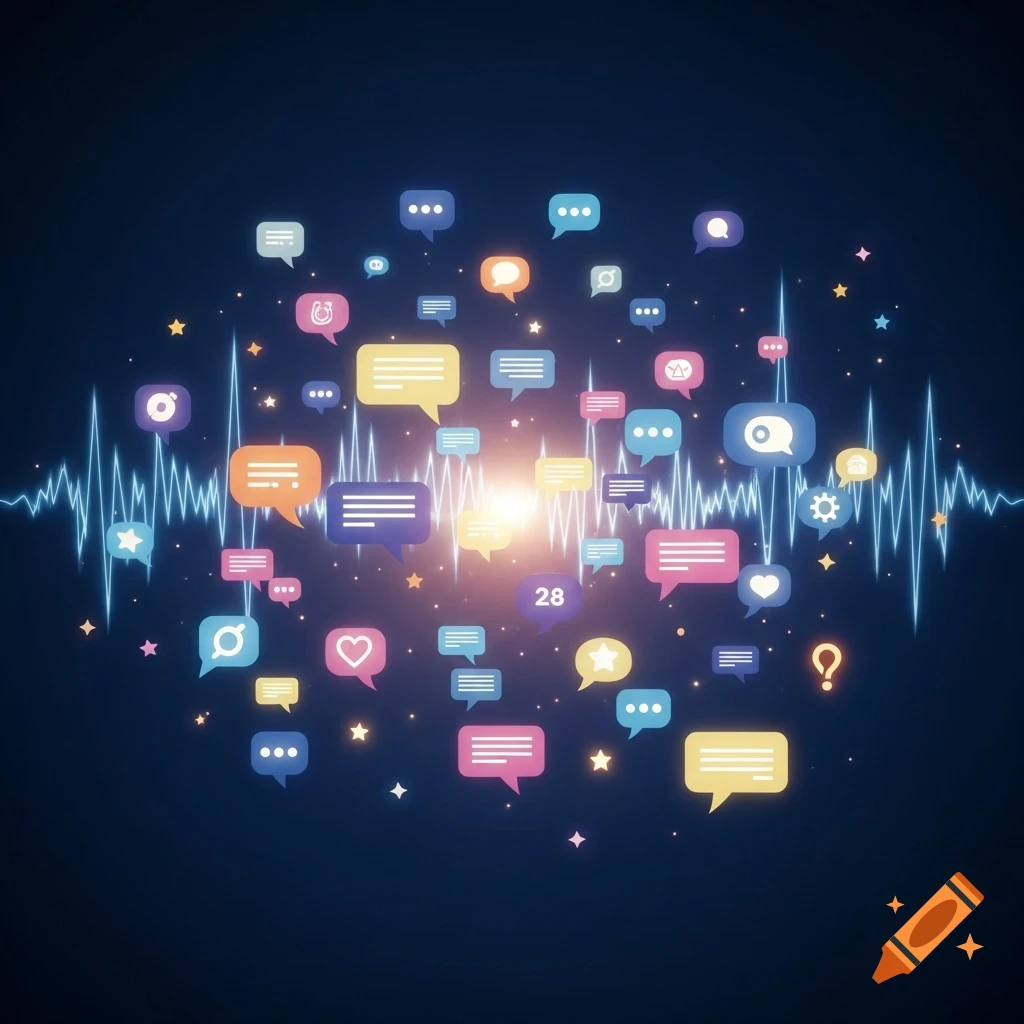 Glowing colorful chat bubbles and social media icons float around a blue sound wave on a dark background.