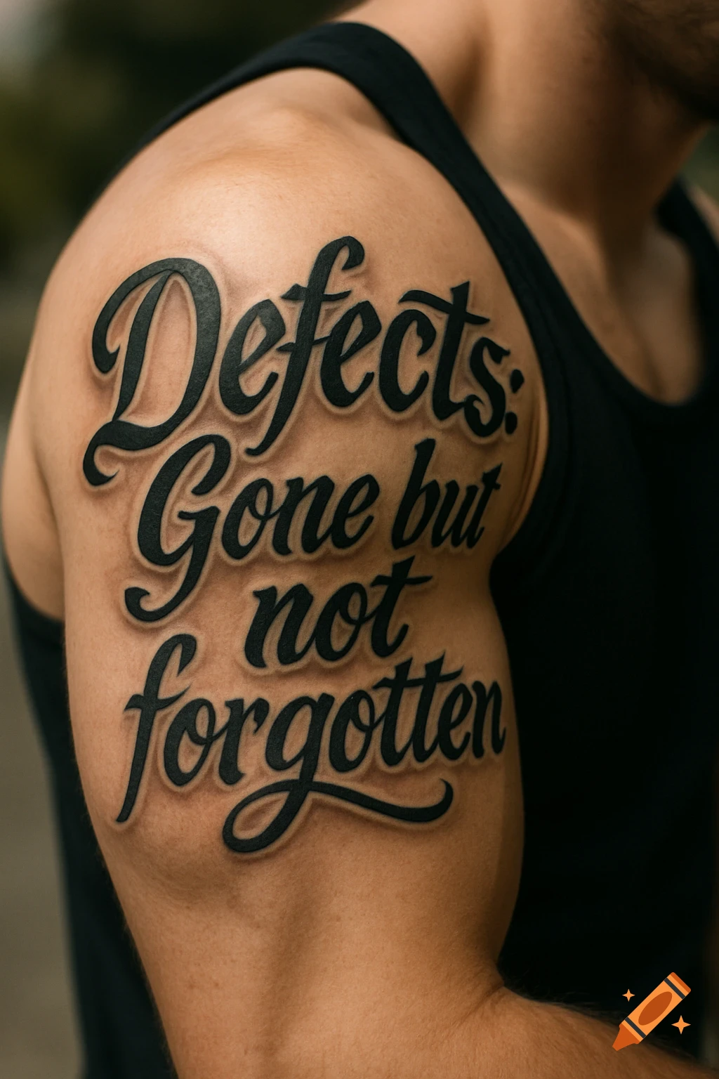 Photorealistic close-up of a black text tattoo on a muscular arm, reading 'Defects: Gone but not forgotten'.