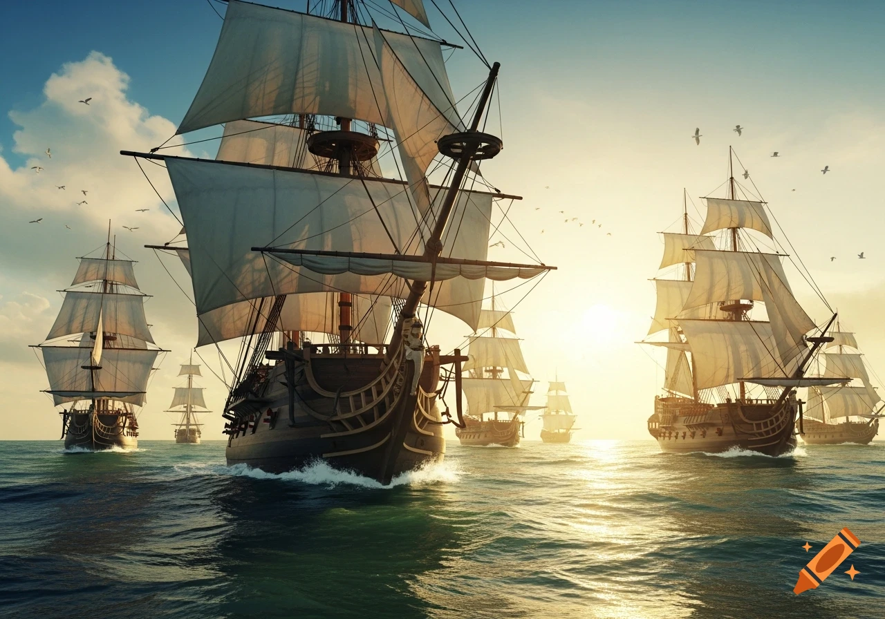 Several historic sailing ships with white sails on a calm ocean at sunset, with birds flying in the sky.