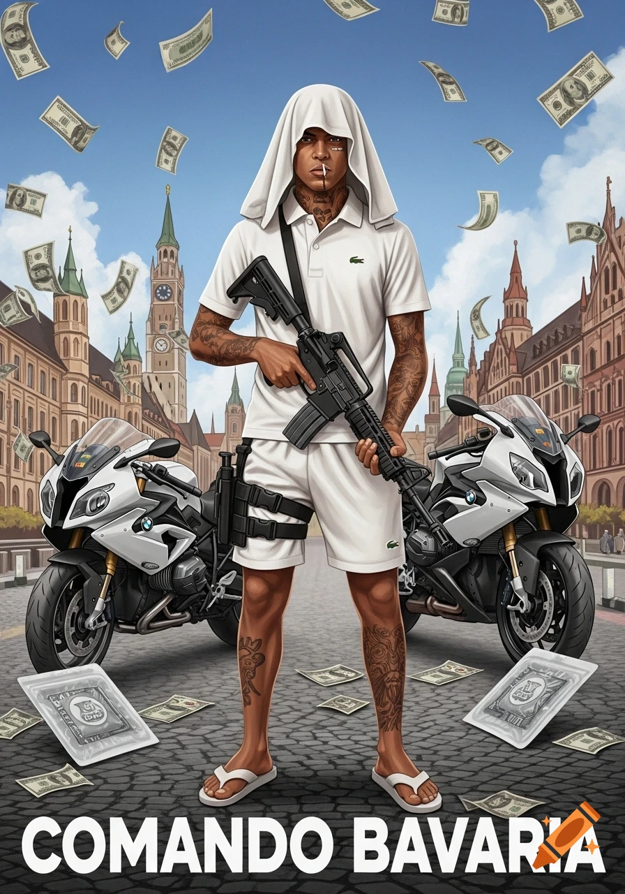 An illustration of a man with a white cloth hood, polo shirt, shorts, and flip-flops, holding an assault rifle, standing between two white BMW motorcycles with money falling and "COMMANDO BAVARIA" text at the bottom. The background features Munich architecture.