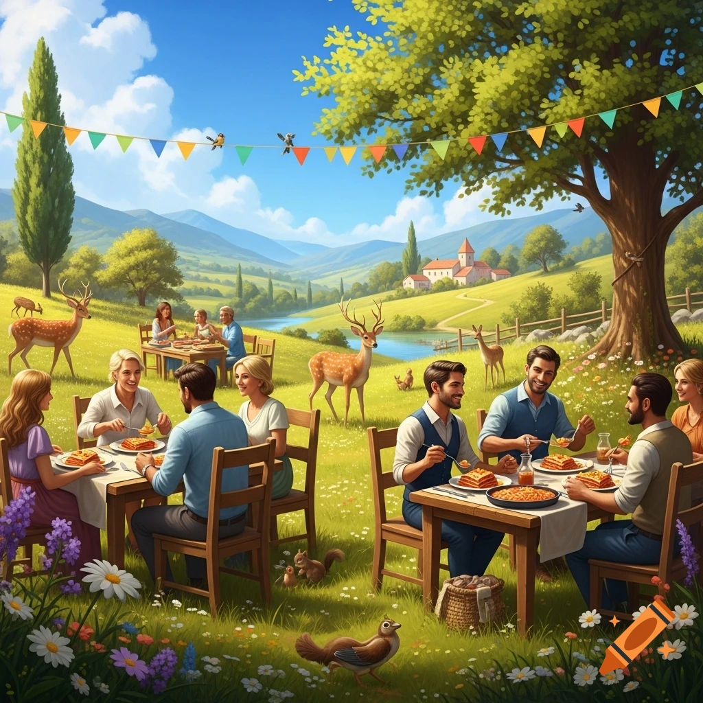 A group of people picnic outdoors in a lush green valley with deer, squirrels, and birds, eating lasagna under a large tree with colorful bunting.