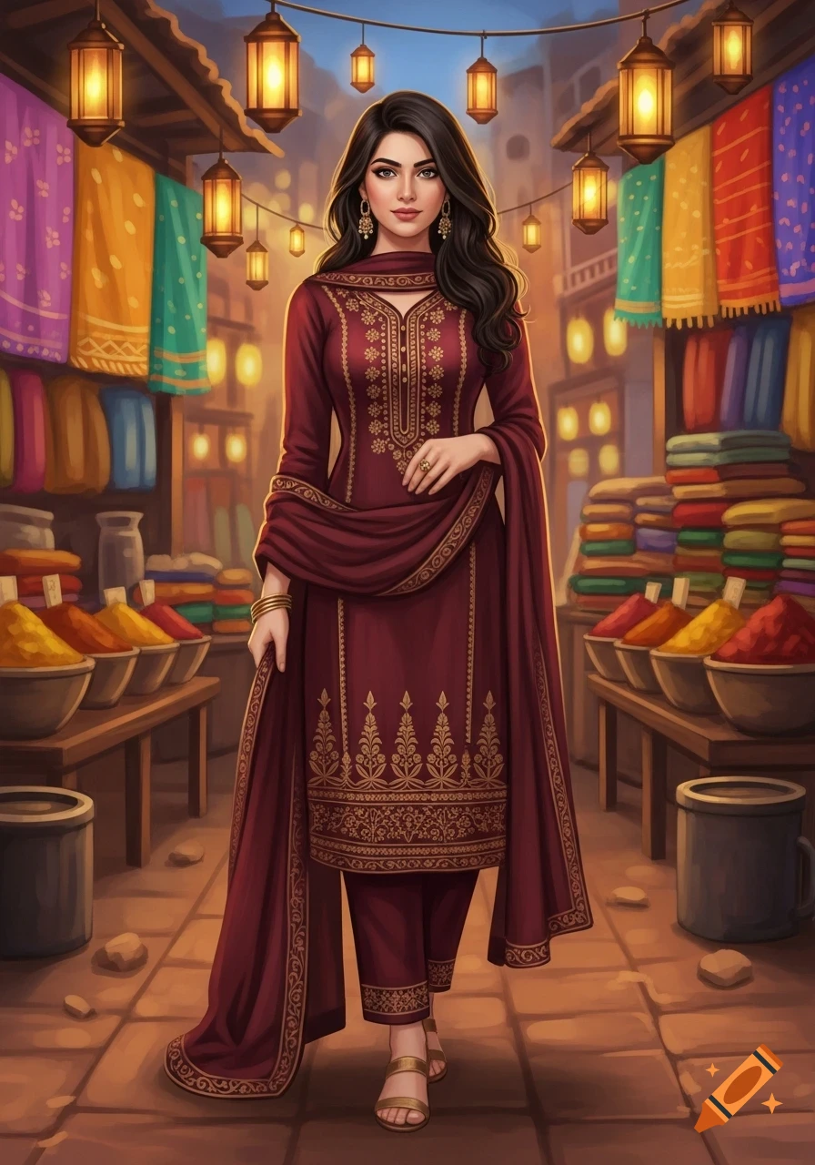 A beautiful Indian woman in a maroon embroidered shalwar kameez stands in a vibrant marketplace filled with colorful fabrics and spices, in an illustrated style.
