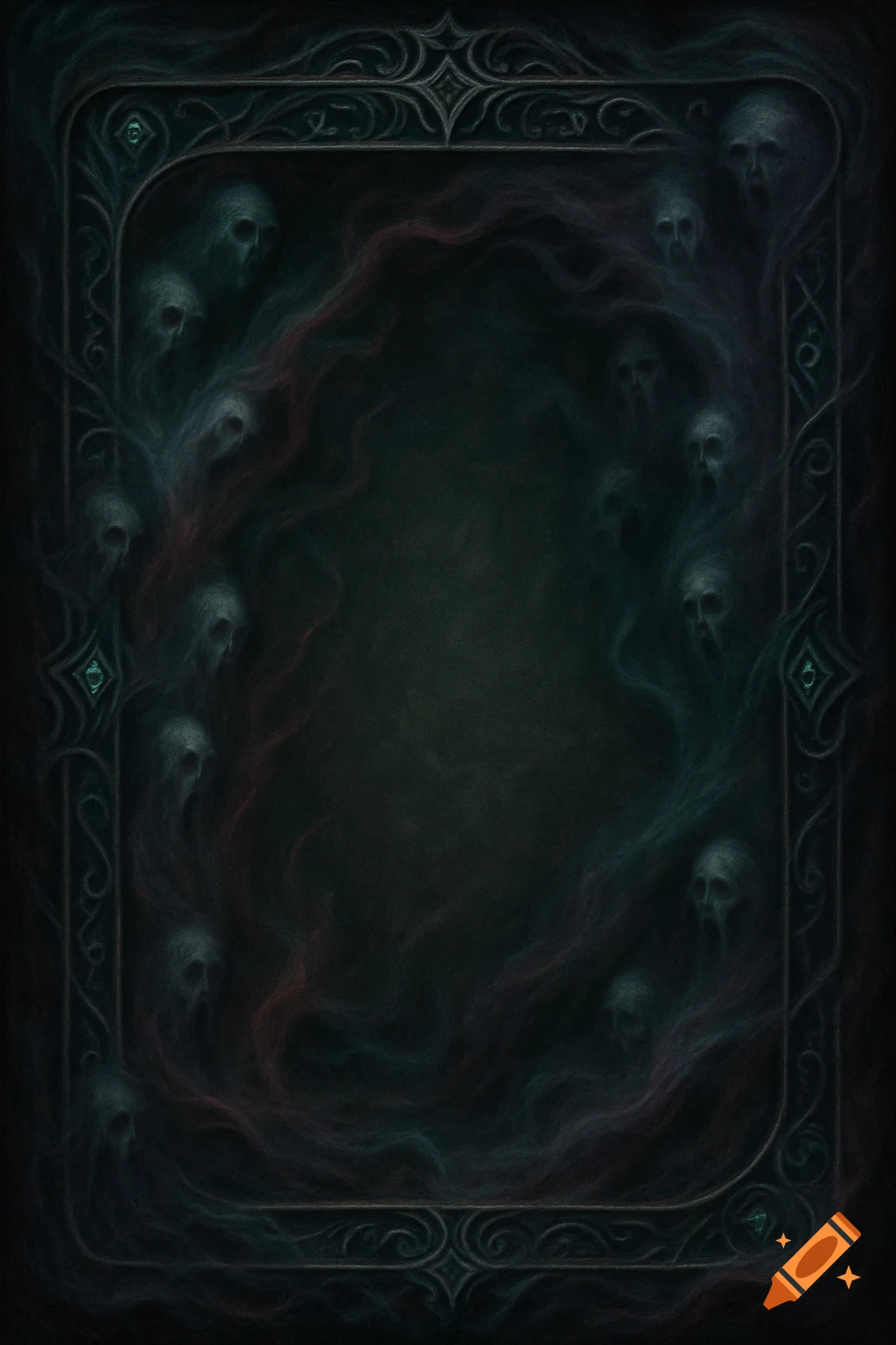 Dark fantasy card frame with ornate borders and ghostly, wailing skull faces emerging from swirling mist in a dark void.