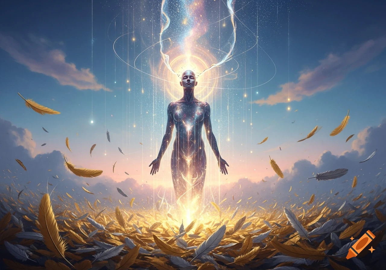 An ethereal, glowing human figure stands under a cosmic sky, surrounded by light streams and falling golden and white feathers.