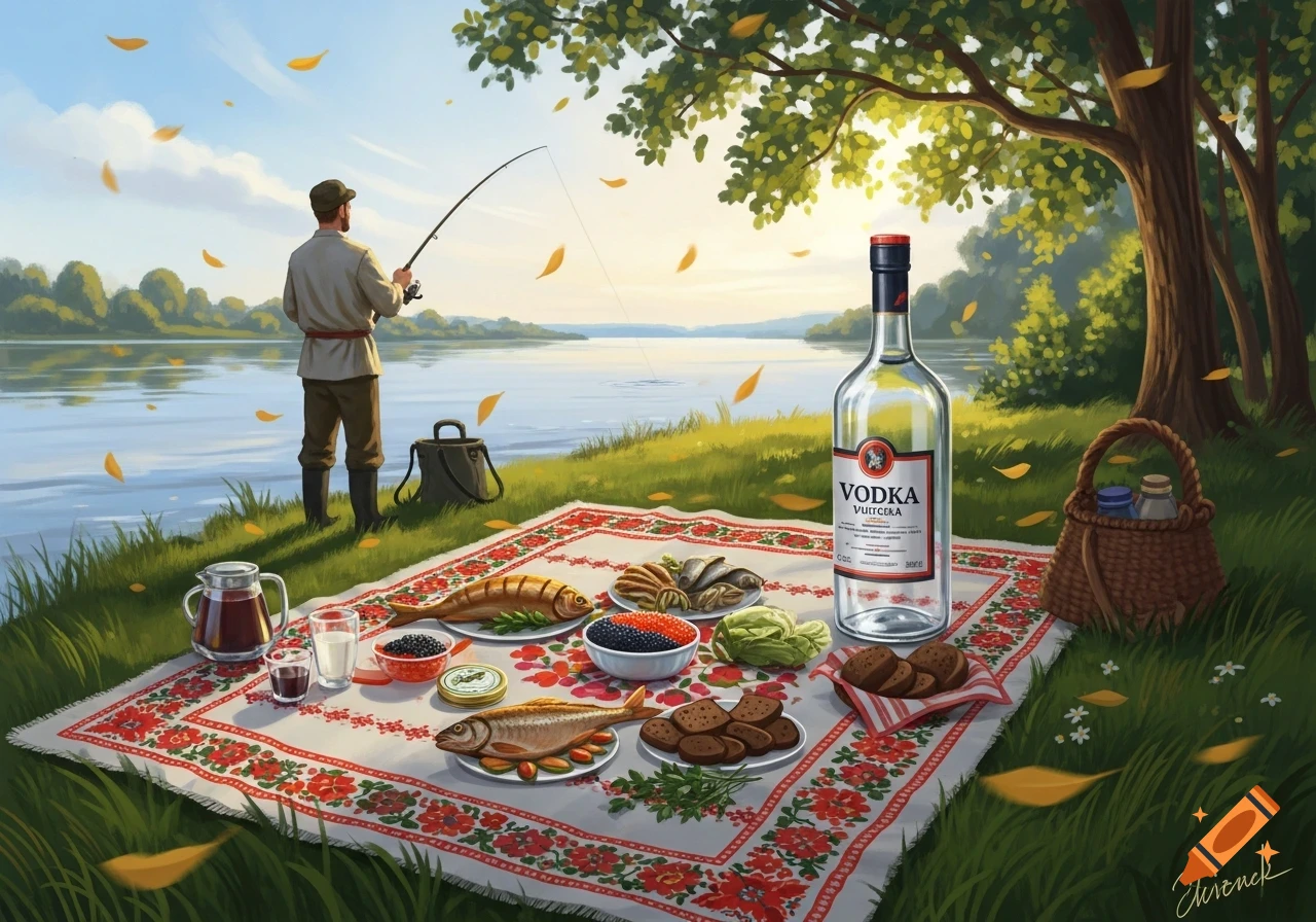 A man fishes by a river, next to a picnic blanket with food, caviar, and a bottle of vodka, in a painterly style.