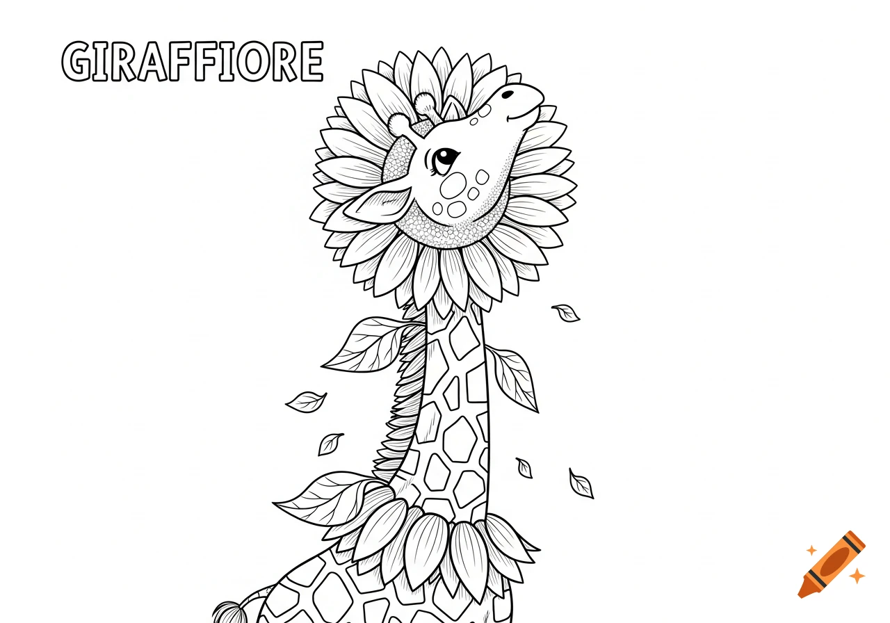 Black and white cartoon coloring page of a giraffe with a sunflower for a head, smiling, with leaves around its neck and body.