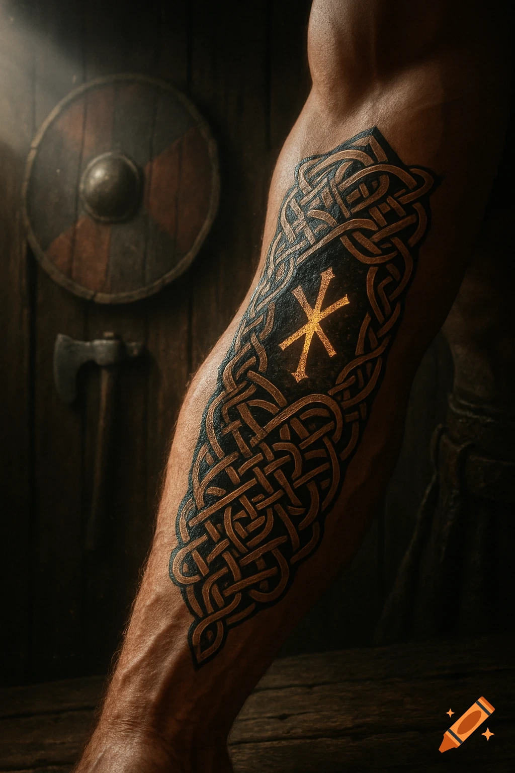 Close-up of a muscular arm with a glowing gold Viking rune tattoo, a shield and axe in the dark background, photorealistic style.