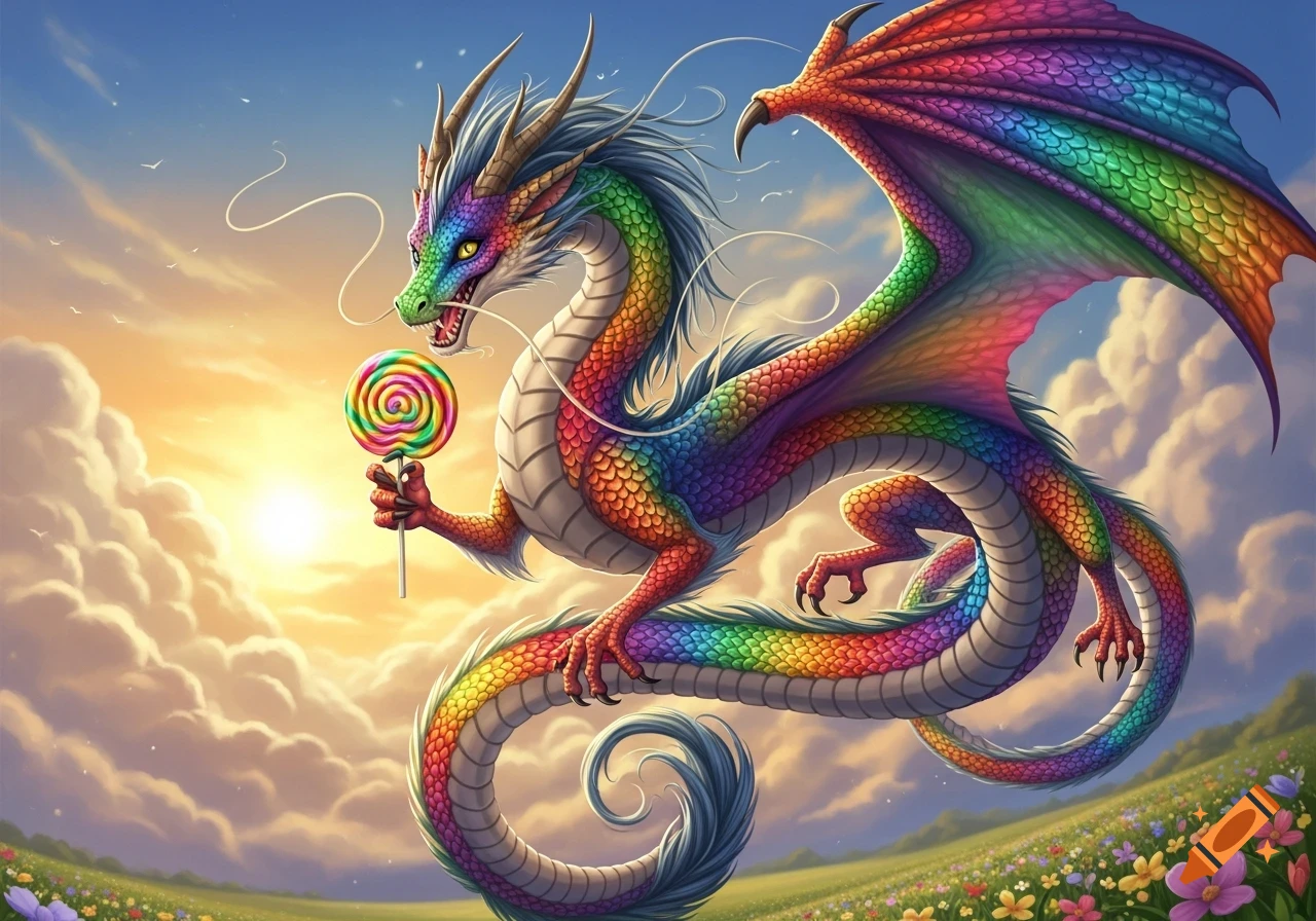 A vibrant rainbow-colored dragon holds a swirled lollipop, soaring over a field of wildflowers at sunset.