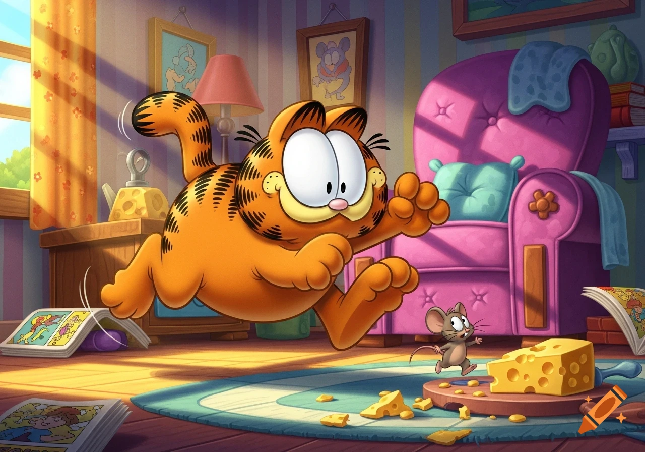 Cartoon Garfield, an orange tabby cat, playfully chases a small brown mouse across a colorful living room floor filled with cheese crumbs.
