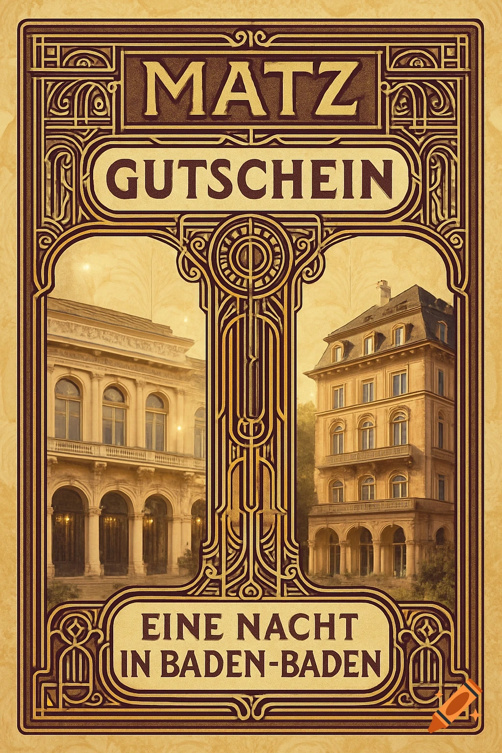 Art Nouveau style voucher for 'Matz' with text 'A Night in Baden-Baden,' depicting two grand European buildings.