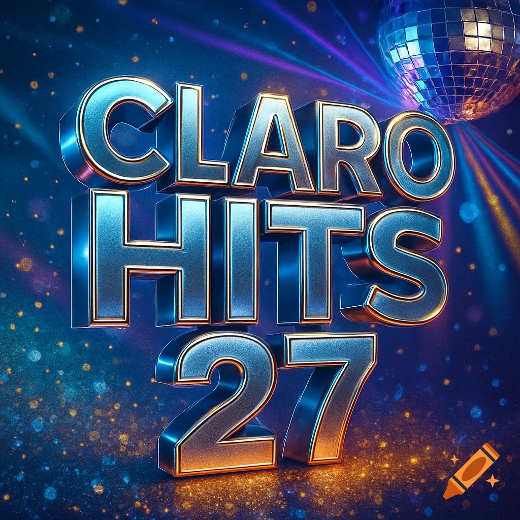 3D metallic text 'CLARO HITS 27' on a dark, sparkling background with a disco ball and colorful light beams.