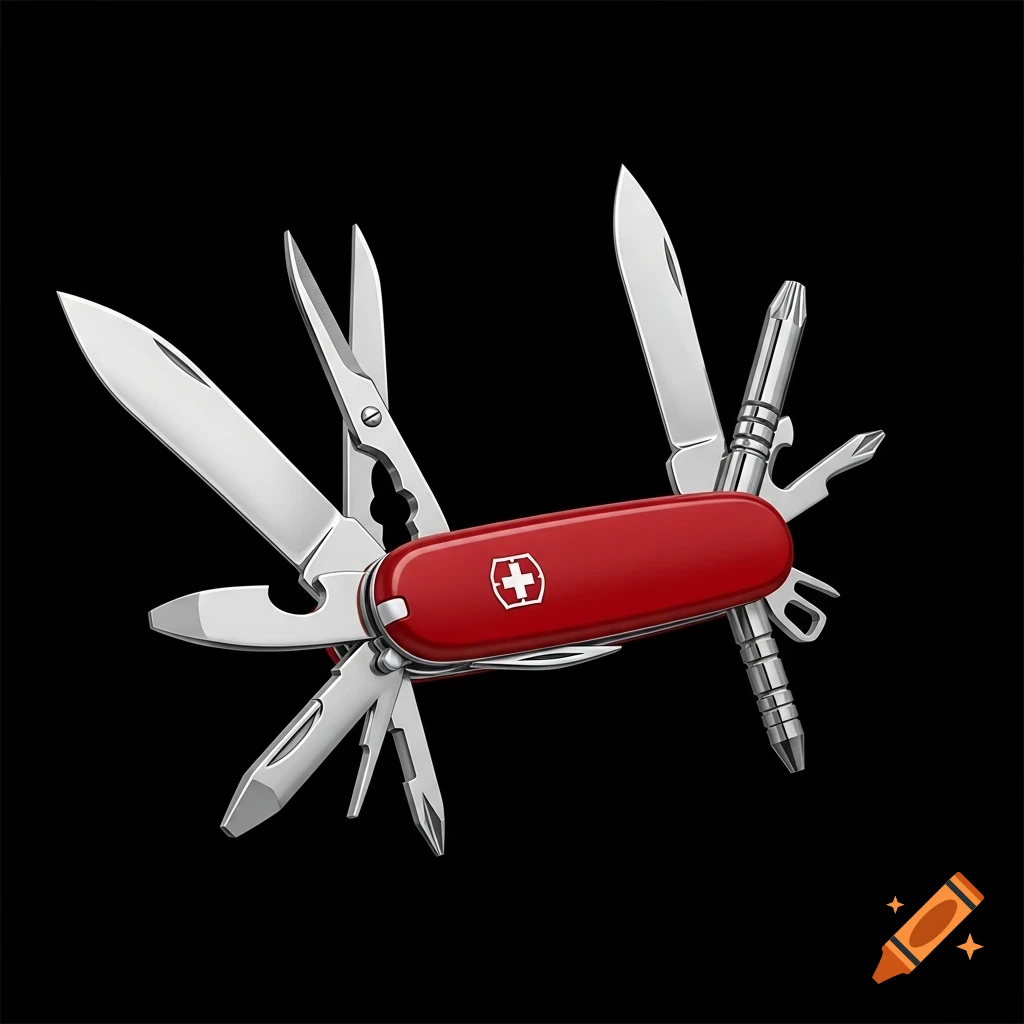 A red Swiss army knife with multiple silver tools extended, featuring a white cross symbol, against a plain black background.