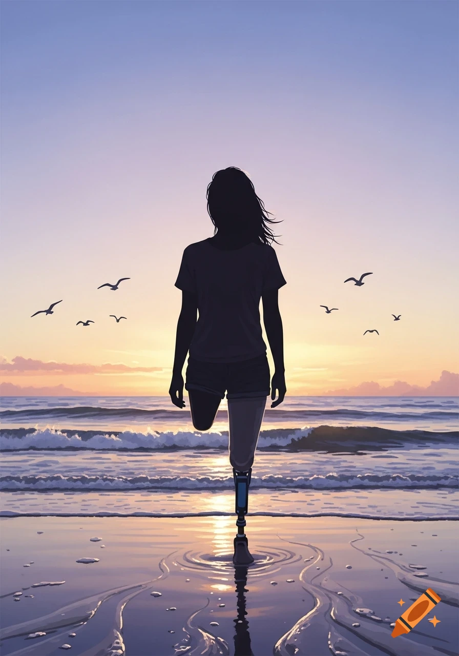 Illustrated silhouette of a person with a prosthetic leg walking on a beach at sunset, with birds flying.